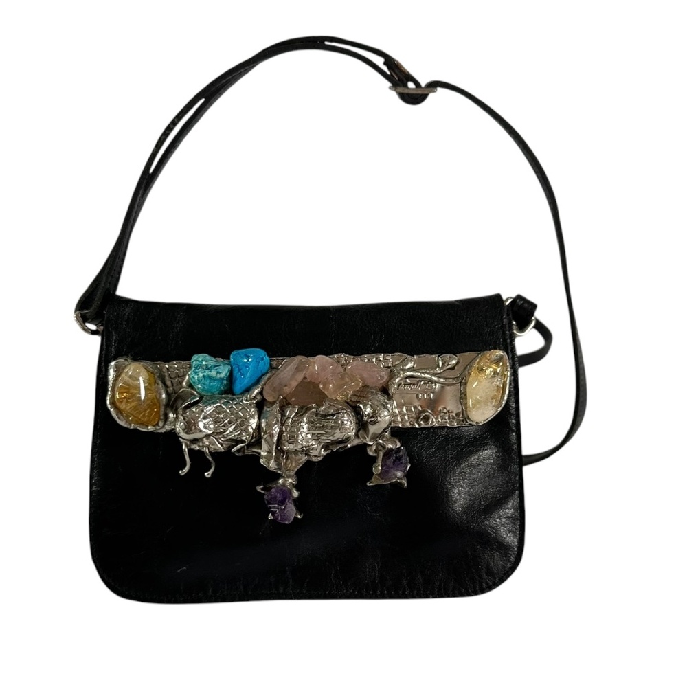 Vintage Carvalhus Amethyst Metallic Black Leather Flap Shoulder Bag Stones